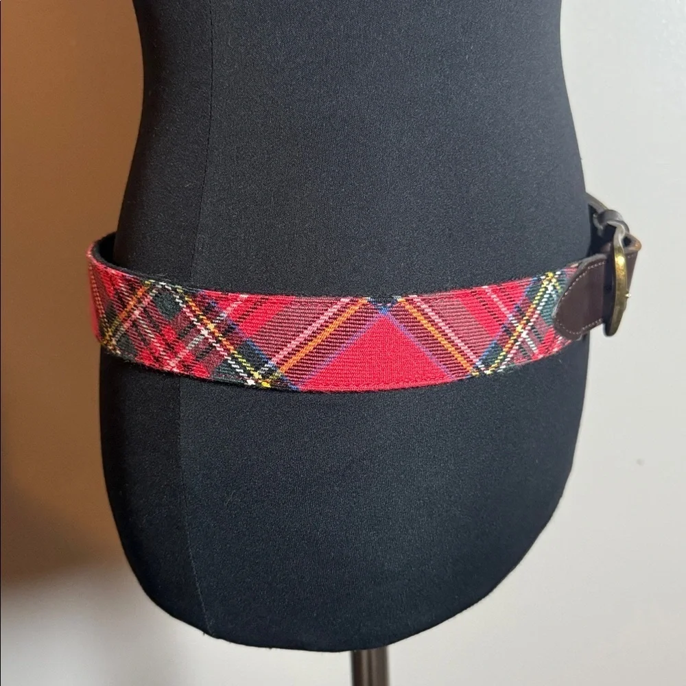 Red Tartan Plaid, Leather & Brass Belt SZ 36